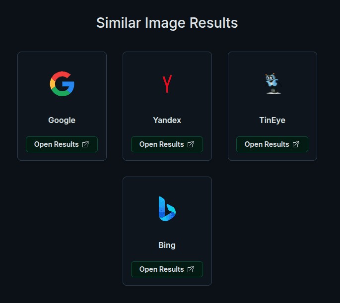 Similar Image Results - Google, Yandex, TinEye, and Bing Search Results